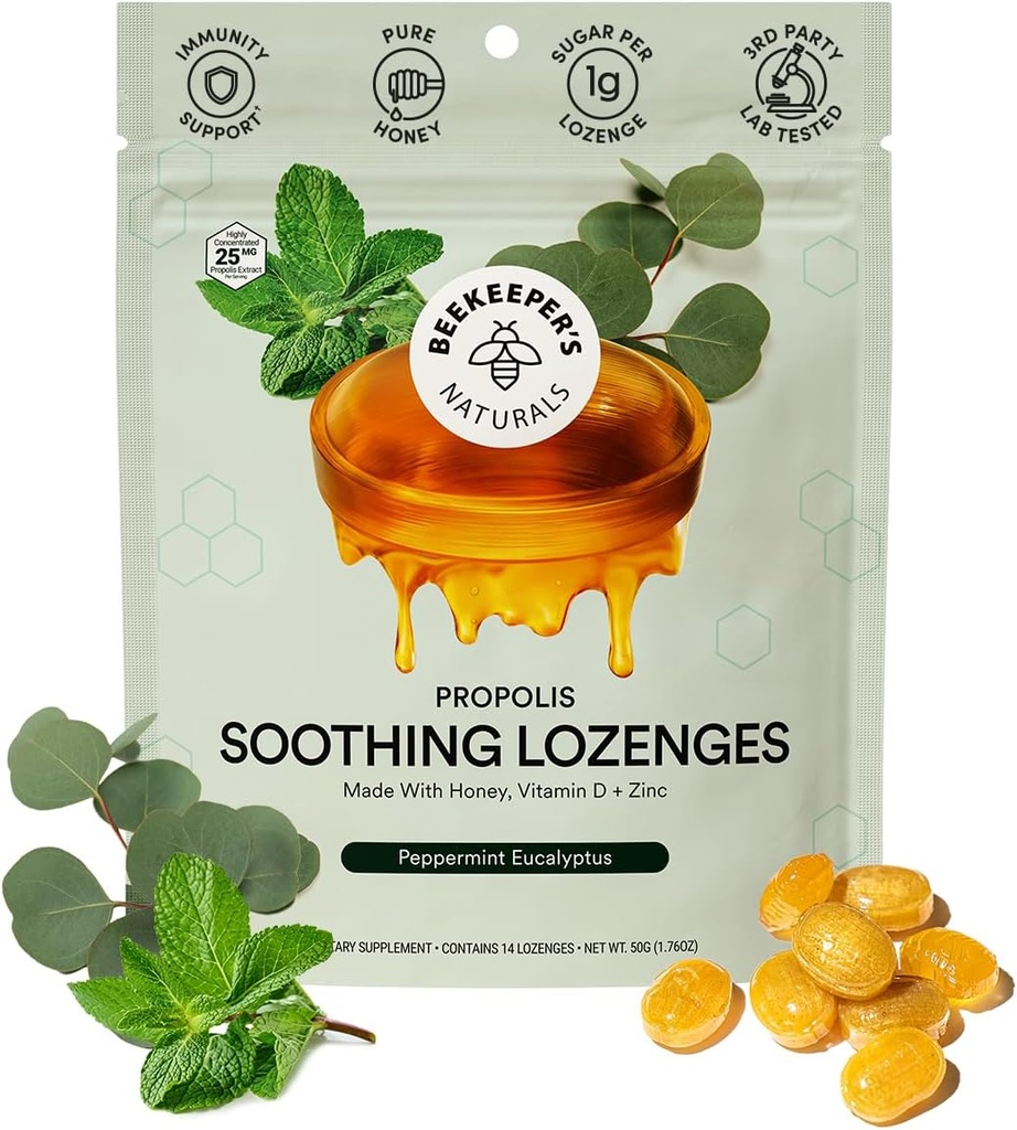 Arıcının Doğalları Mint Eucalyptus Cough Drops, Immune Support with Vitamin D, çinko ve Propolis, Soğutma & Throat Soothing Lozenges, 14 Ct