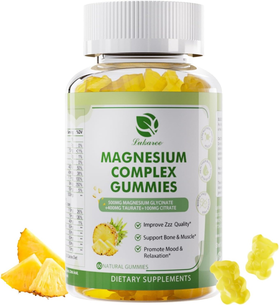 Magnezyum Glycinate Gummies | Triple Complex Magnezyum Glycinate, Taurate & Citrate - Magnezyum Tamam w/Calcium, çinko & D3,K2 için Immune- 60 Count