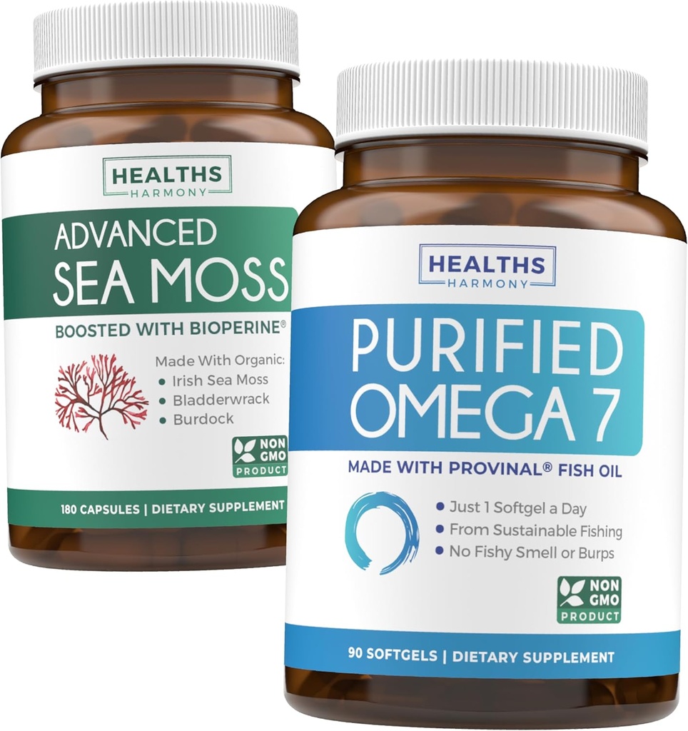 İrlandalı Deniz Moss & Omega 7 (3-Month Supply) Sea Omega Combo Sche - Organik İrlandalı Deniz Moss - Raw Vegan Supplement (180 Caps) & Omega 7 Softgels - Provinal Sustainable Peruvian Anchovy Fish Oil -90 Caps