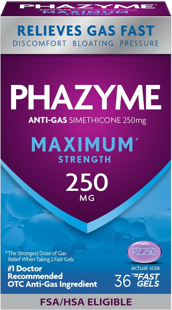 Phazyme maksimum * Güçlü Anti-Gas 250 mg Simethicone Gas Relief for Yetişkinler, Hızlı Gels Hızlı Ease Bloating, Basınç & Discomfort, 36 Count