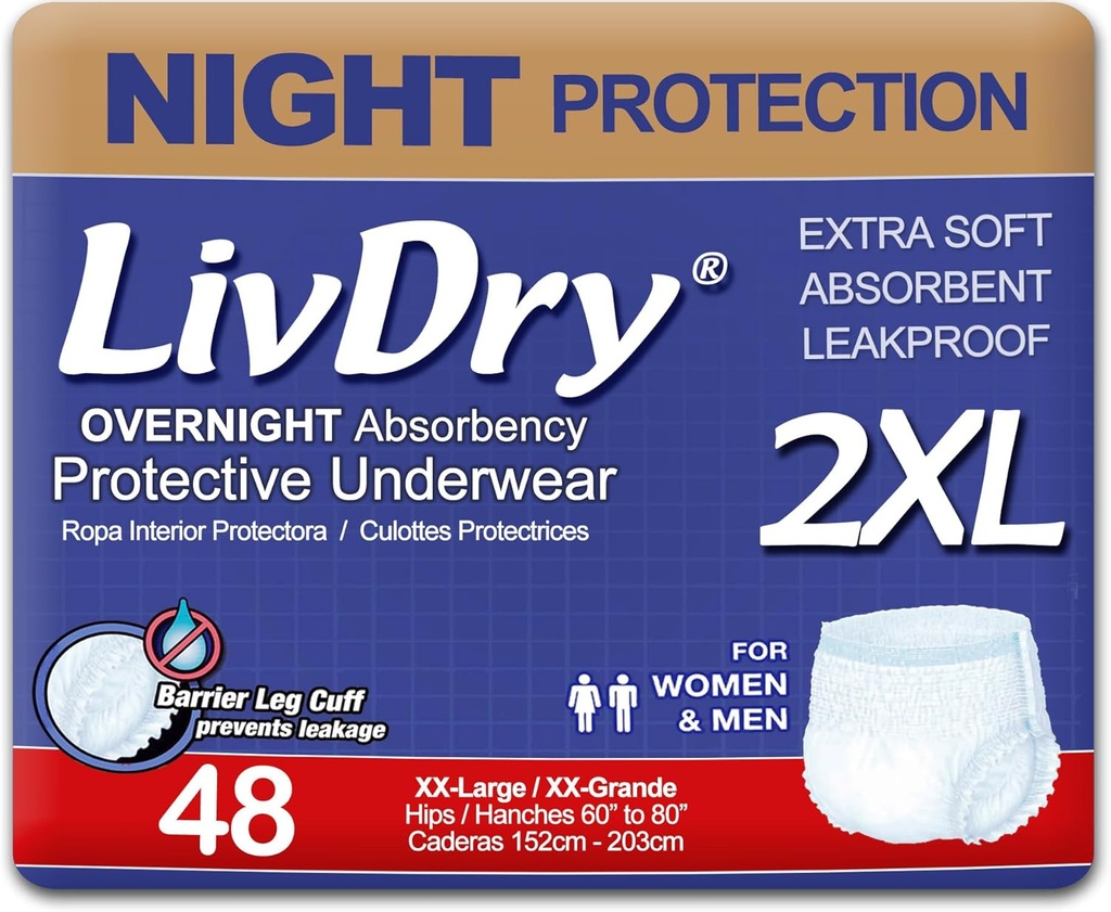 LivDry XXL Διανυκτέρευση Adult Diapers για γυναίκες και άνδρες, Ακράτεια Εσώρουχα, XX-Large, 48-Pack