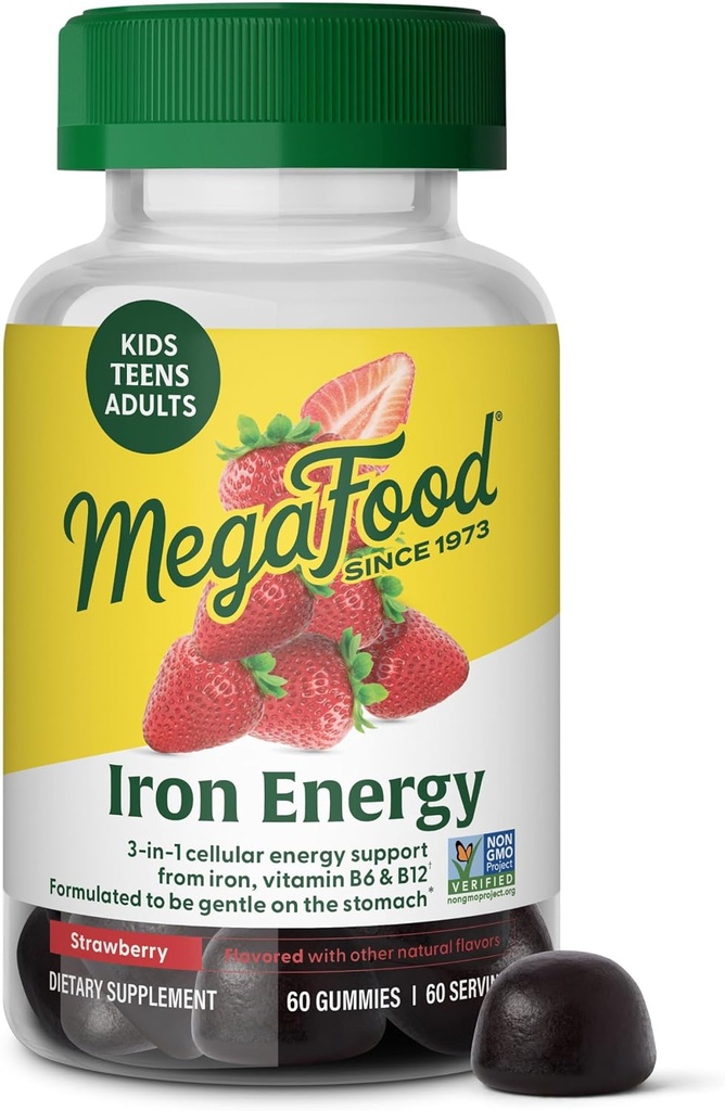 Megafood Iron Energy Gummies, Iron Supplement for Women, Men, Teens & Kids with Vitamin B12 & B6, Vitamins, from The Makers of Builder Supplement, Strawberry Flavor, 60 Count