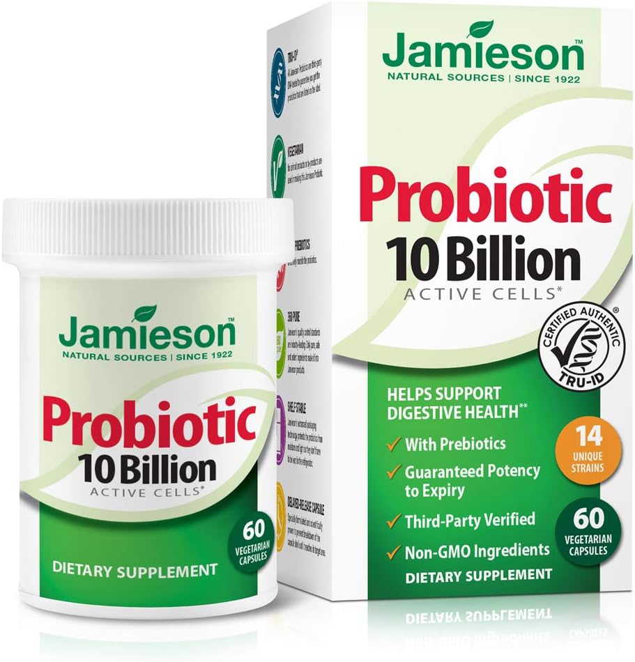 Jamieson Probiyotiks 10 Milyar - Digestion için Günlük Probiyotik Supplement, Rest Gut Health, and Immune System Support - Probiyotiks for Women and Men (60 Kont).
