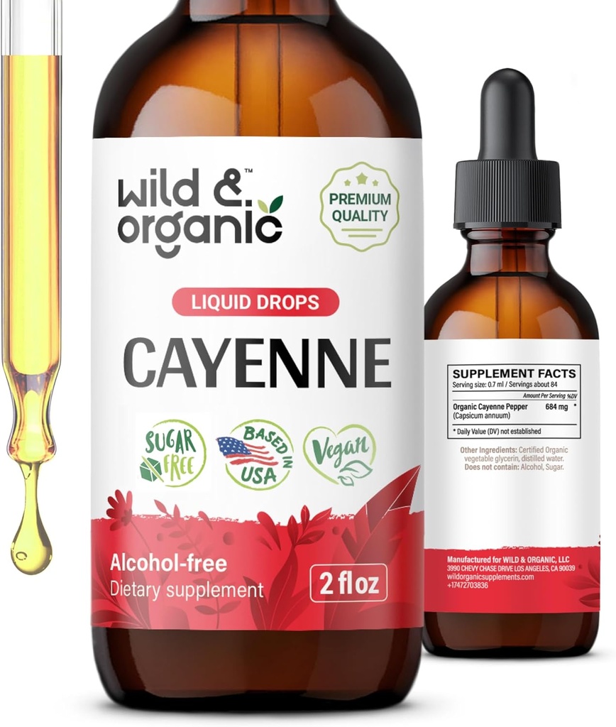 Wild & Organic Cayenne Pepper Tincture - Capsaicin Supplements for Digestive Support - Cayenne Pepper Ekstras - Vegan, Alkol-Free Drops - 2 fl ozzz