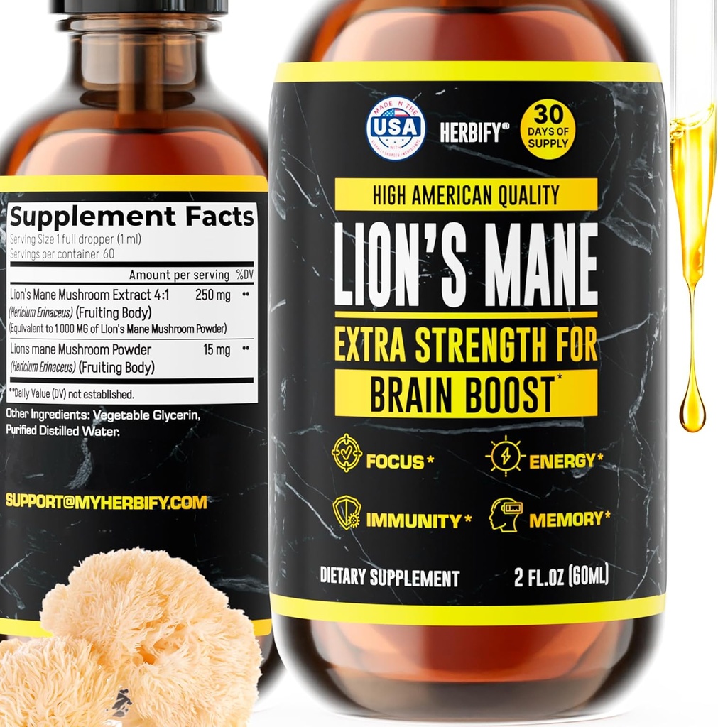 HERBIFY Lions Mane Supplement - Daily Mushroom Supplement for Memory, Focus & Clarity - Brain Branson - Lions Mane Tincture for Immune Support - 2 Fl oz
