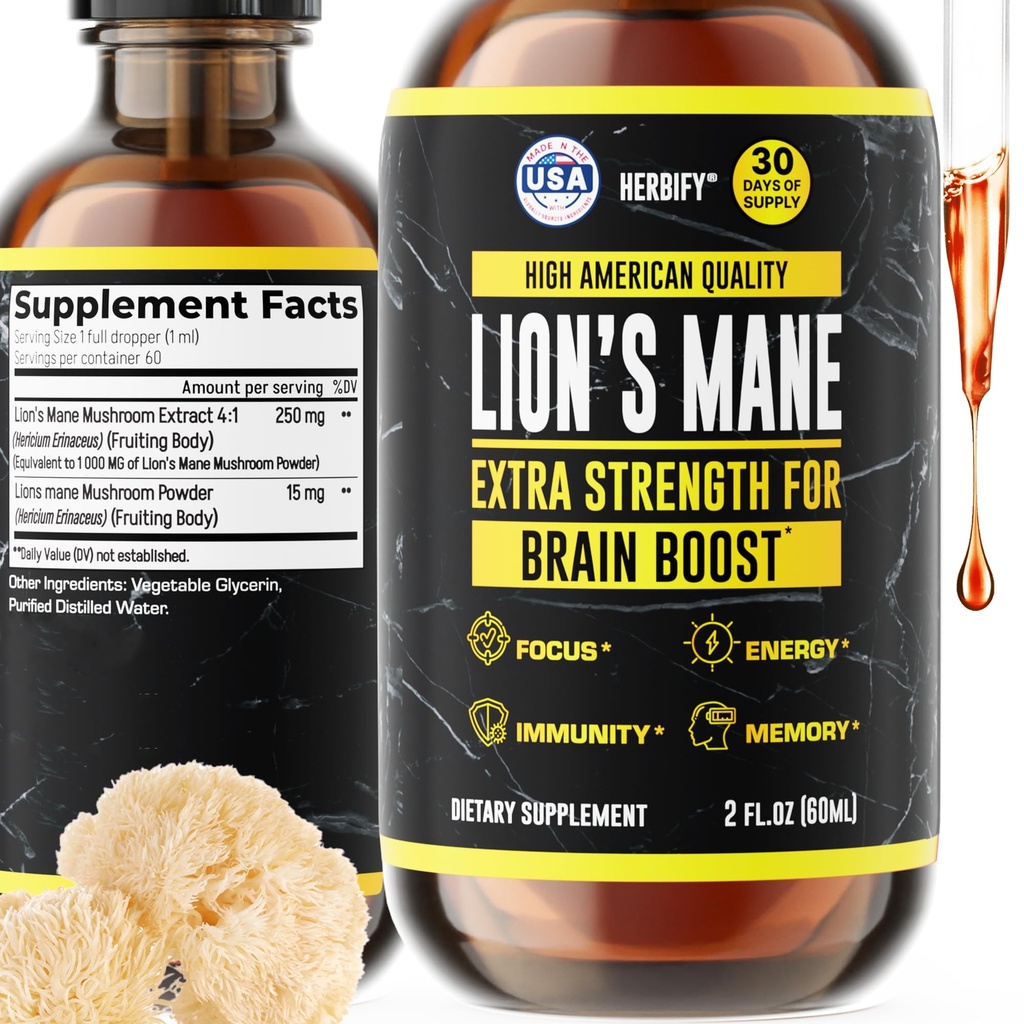 HERBIFY Lions Mane Supplement - Daily Mushroom Supplement for Memory, Focus & Clarity - Brain Branson - Lions Mane Tincture for Immune Support - 2 Fl oz
