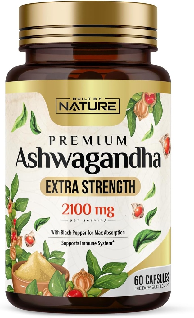 Nature Ashwagandha 2100 mg Ekstra Güçlü Stres Yardımı ve Max Aborpsiyon için Siyah Pepper Türlü Destek - Non-GMO, Vegan, Gluten-Free - 60 Capsules