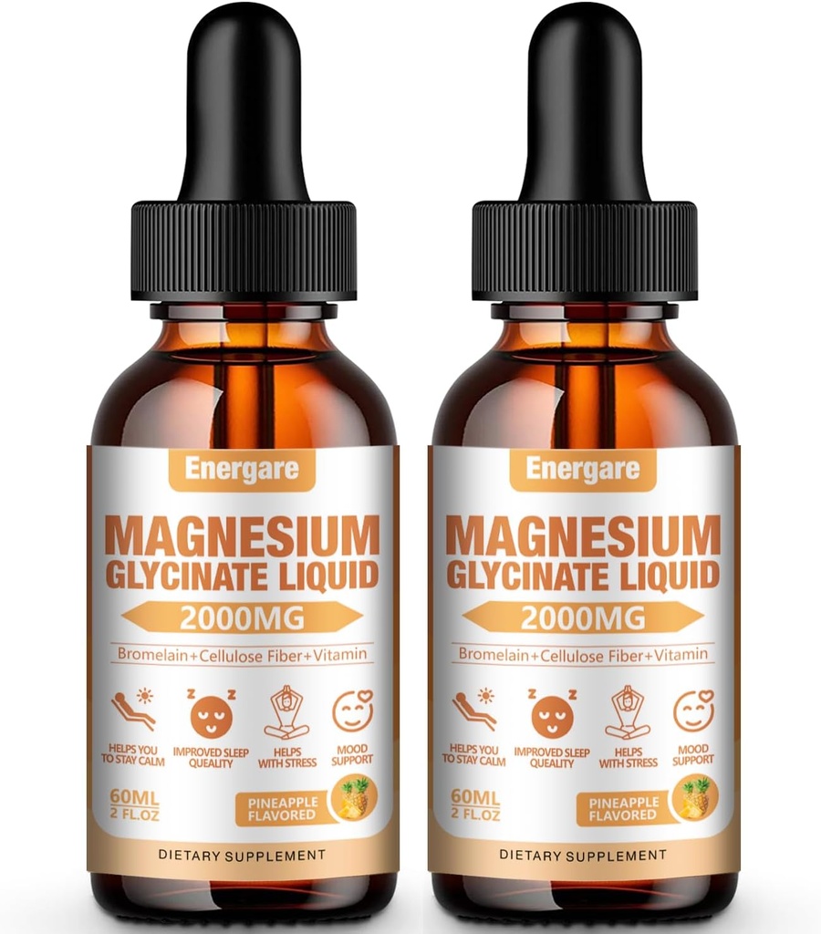 2 Pack 2000MG Magnezyum Glycinate Liquid Drops Supplement for Kids & Yetişkinler - Hücre Fiber, Bromelain, Vitamin B6, C, D, çinko - Enerji, Sleep, Clam, Pineapple Flavor, 4 Fl oz