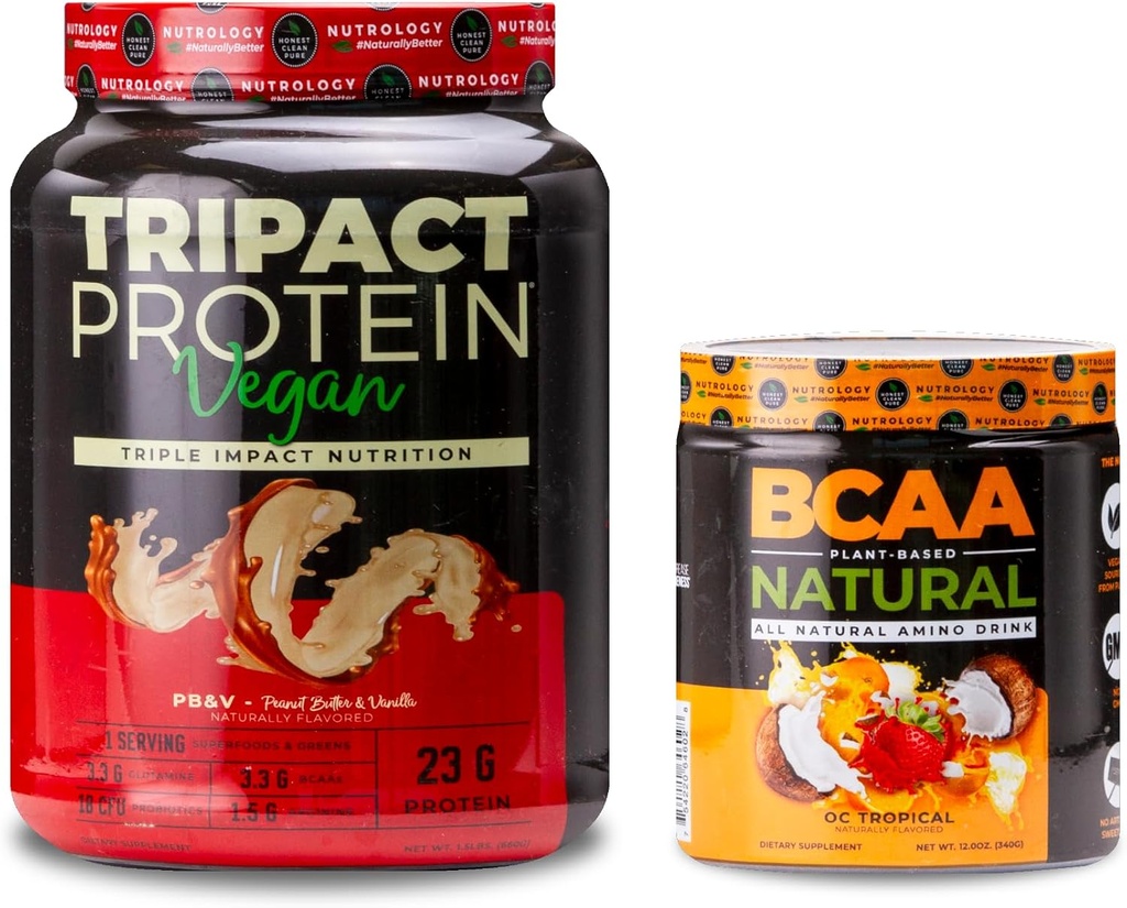 Nutrology TRIPACT Vegan Protein Powder, για Vegan Protein Shakes, Pinut Butter Vanilla (20 μερίδες) BCAA Natural, Plant Based BCAA Powder, Orange Coconut Flavor (30 μερίδες)