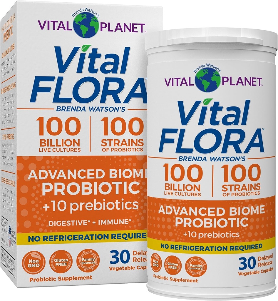 Vital Planet - Vital Flora Advanced Probiotic 100 Billion CFU, 100 Diverse Strains, 10 Organic Prebiotics, Immune Support, Digestive Health Raf Stable Probiotics για γυναίκες και άνδρες 30 Κάψουλες