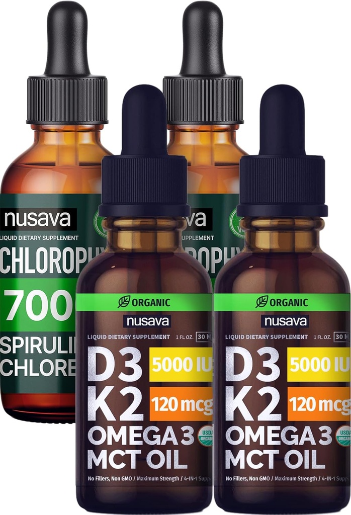 NUSAVA Άγευστες D3 K2 σταγόνες και Chlorophyl Liquid Drops Bundle - Ισχυρές Υγρές Βιταμίνες για Καρδιά, Κοινή, Ενέργεια, & Ανοσολογική Υποστήριξη - Μη ΓΤΟ, Χωρίς Γλουτένη, 2pk Καθένα
