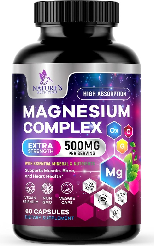 Magnezyum Kompleksi 500 mg - 1 Yüksek Abhidrasyon Chelated Magnezyum Glycinate, Malate, Citrate, Hoffman, Aquamin - Non-GMO Magnesio Capsules, Bone Muscle & Heart Health Support, 60 Capsules