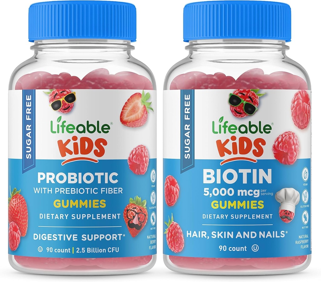 Lifeable Sugar Free Probiyotik + Prebiyotik Fiber Kids + Biotin Kids, Gummies Sche - Great Tasting, Vitamin Supplement, Gluten Free, GMO Free, Chewable Gummy