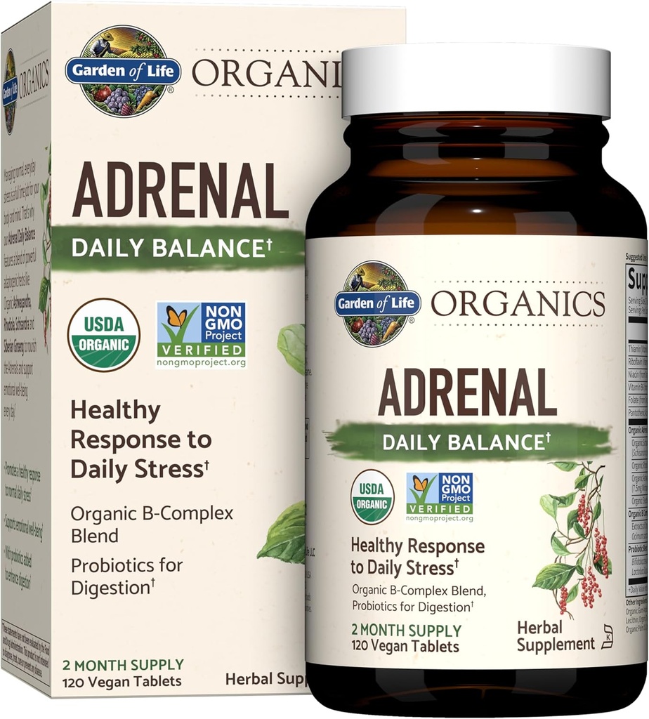 Life Organics Adrenal Daily Balance, Adaptogen Herbs Ashwagandha, Holy Basil, B Complex & Probiyotiks, Organic Non-GMO, Vegan, Gluten Free Supplement, Two Moon Supply, 120 Tablets
