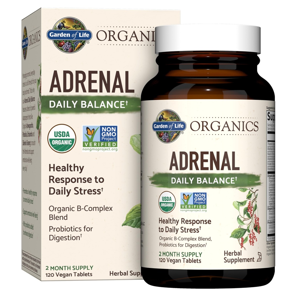 Life Organics Adrenal Daily Balance, Adaptogen Herbs Ashwagandha, Holy Basil, B Complex & Probiyotiks, Organic Non-GMO, Vegan, Gluten Free Supplement, Two Moon Supply, 120 Tablets