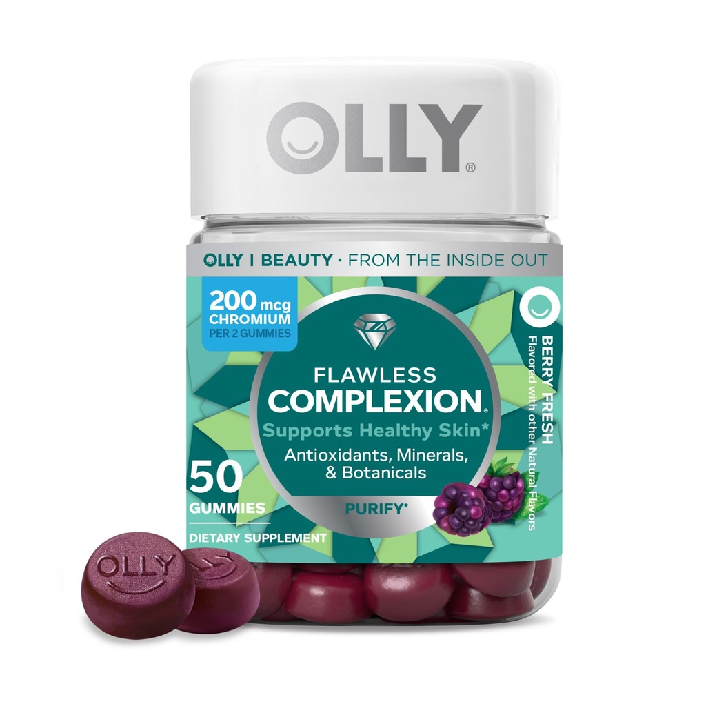 OLLY Flawless Kompleksme Gummy, Clear ve Sağlıklı Cilt Desteği, Vitaminler E, A, çinko, Chewable Supplement, Berry - 50 Kont (kısa 1)