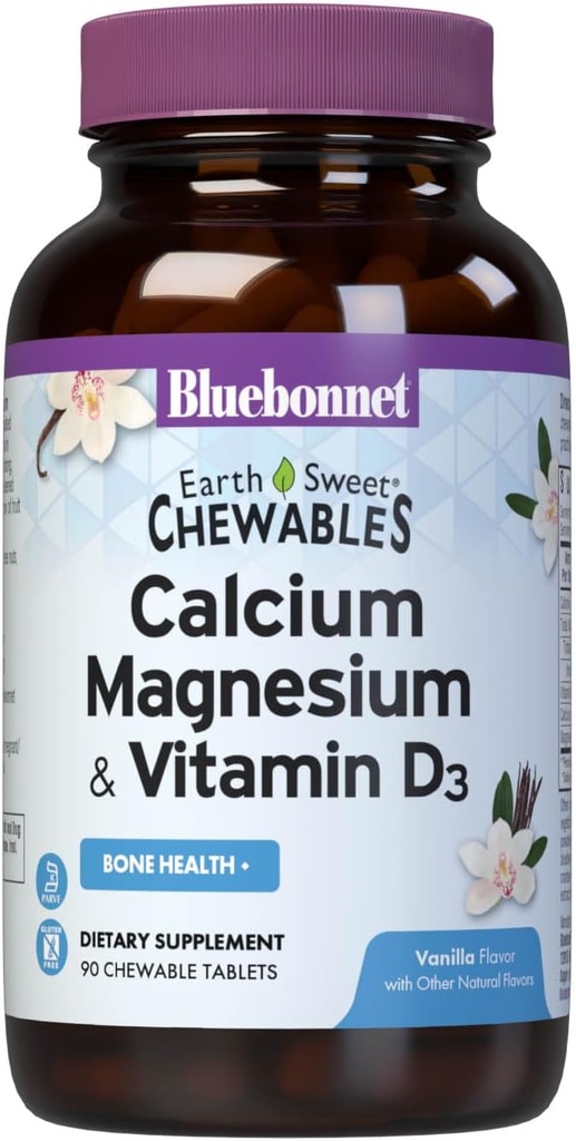 Bluebonnet Beslenmeli Magnezyum Plus Vitamin D3 Dünyasweet, Bone Health & Muscle Relaxation, Soy-Free, Gluten-Free, Kosher sertifikalı, Süt-Free, 90 Vanilla Flavored Chewable Tabletler