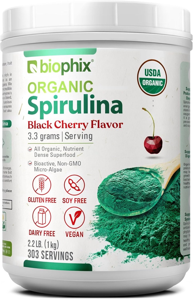 Biyophix Organik Spirulina Toz 2.2 lb Black Cherry Flavor - Protein-Rich Nutrient-Dense Superfood - Güçlü Antioksi - Destekler Immune Health