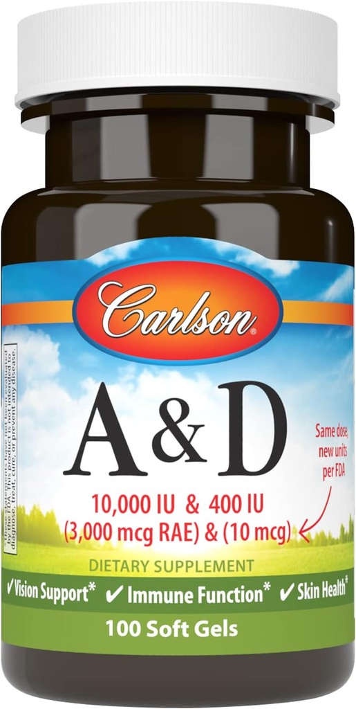 Carlson - A & D, 10000 IU (3000 mcg RAE) Βιταμίνη A, 400 IU (10 mcg) Βιταμίνη D3, Υποστήριξη όρασης, Υγεία του δέρματος, 100 μαλακά γέλη