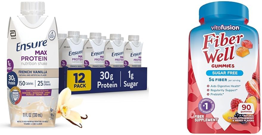 Max protein Beslenme Shake'yi 30g protein & Vitafüzyon Şeker Ücretsiz Fiber Gummies, Peach/Strawberry/Blackberry, 90 Count