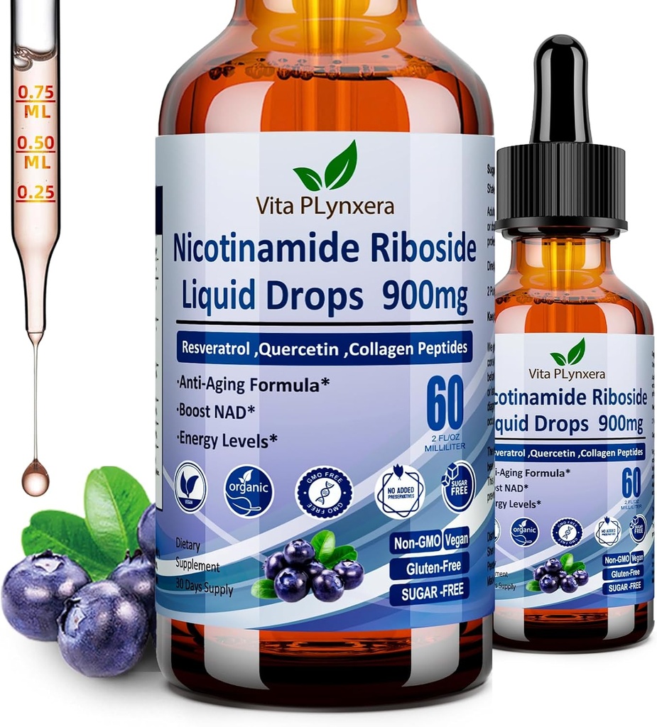 Kadınlar ve erkekler için NAD Nicotinamid Riboside Resveratrol 900 mg & Quercetin, Niacin, Collagen, Biotin, Liquid NAD Plus Supplement NR900 For Anti-Aging Skin Energy Longevity Focus Brain