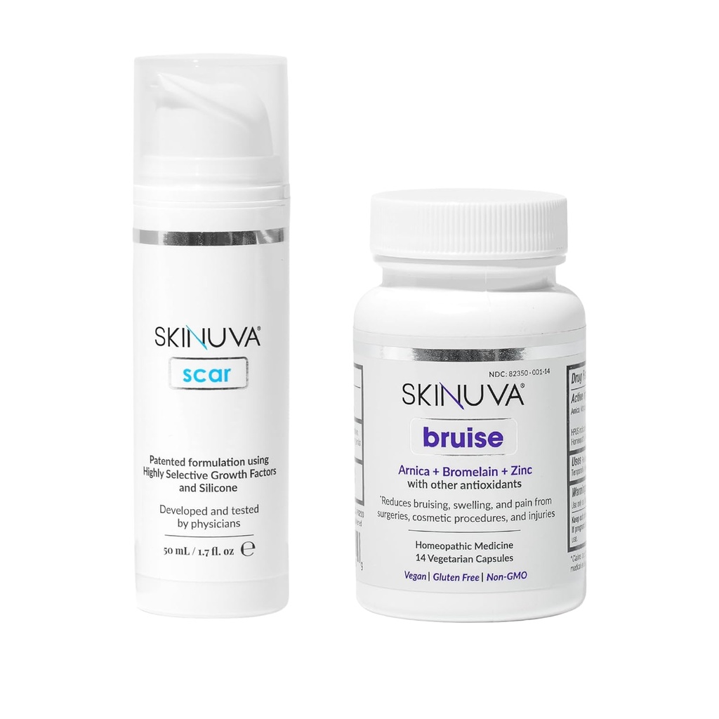 Skinuva® Scar (1.7 oz) & Bruise (14 kapsül) - Gelişmiş Silikon Kremi Büyüme Faktörleri ve Homeopathic Bruise Remedy Formulated with Arnica, Bromelain & Bora
