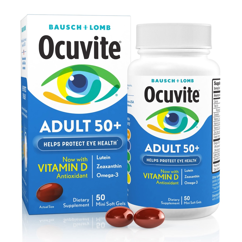 Ocuvite 50+ Eye Vitamin & Mineral Supplement, Multivitamin for Vision & Our Health with Omega-3, Zinc, Vitamins C & E, Lutein & Zeaxanthin, Συμπληρώματα ψευδαργύρου για γυναίκες και άνδρες, 50 Softgels