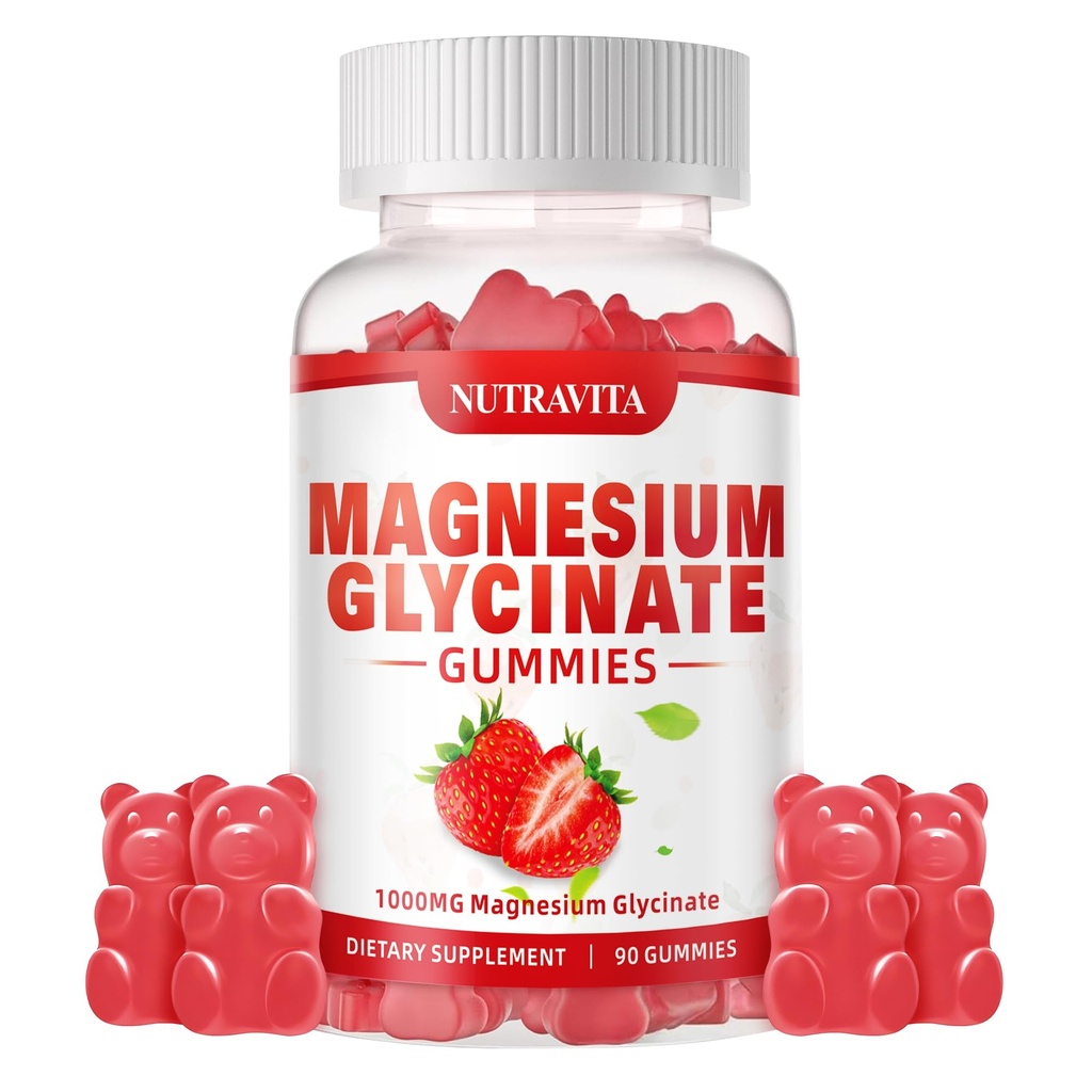 Μαγνήσιο Γλυκινικό Gummies 1000mg με μαγνήσιο L-Θρεονικό, Chelated Μαγνήσιο Κάλιο Συμπλέγματος Συμπλήρωμα με VitD, B6, CoQ10, Ασβέστιο, Υποστηρίγματα για τη μνήμη, ηρεμία, Mood - 90 Gummies Φράουλα