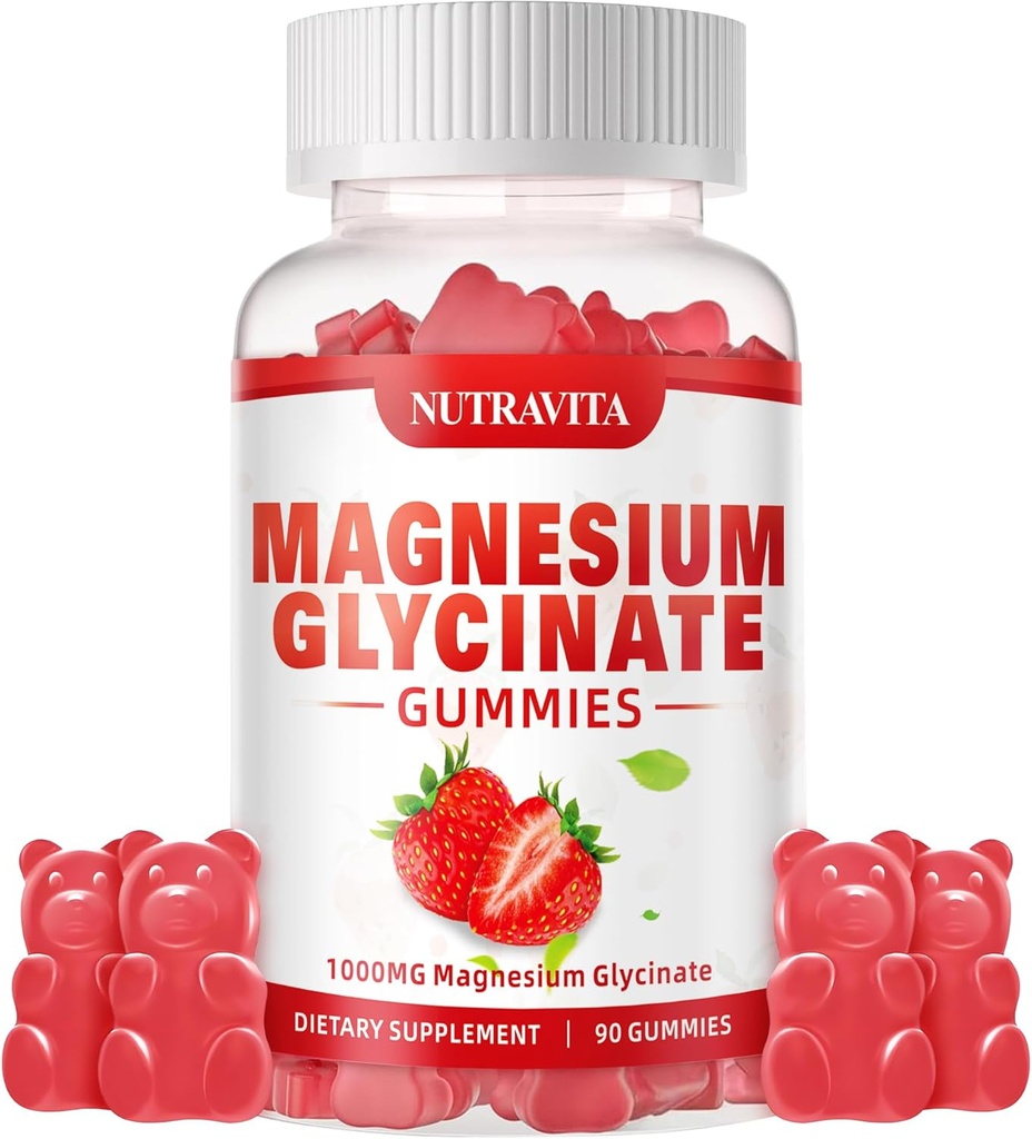 Μαγνήσιο Γλυκινικό Gummies 1000mg με μαγνήσιο L-Θρεονικό, Chelated Μαγνήσιο Κάλιο Συμπλέγματος Συμπλήρωμα με VitD, B6, CoQ10, Ασβέστιο, Υποστηρίγματα για τη μνήμη, ηρεμία, Mood - 90 Gummies Φράουλα