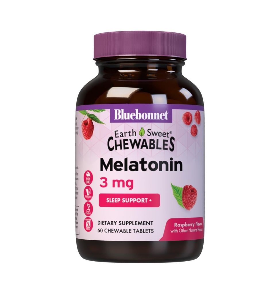 Bluebonnet Nutrition EarthSweet Melatonin 3 mg Γρήγορη Διαλύοντας τη Νύχτα Χαλάρωση & Ξεκούραστη Υποστήριξη Ύπνου - Βοήθεια ύπνου - Χωρίς γλουτένη, Vegan - Βατόμουρο Γεύση - 60 Μασώμενα Δισκία
