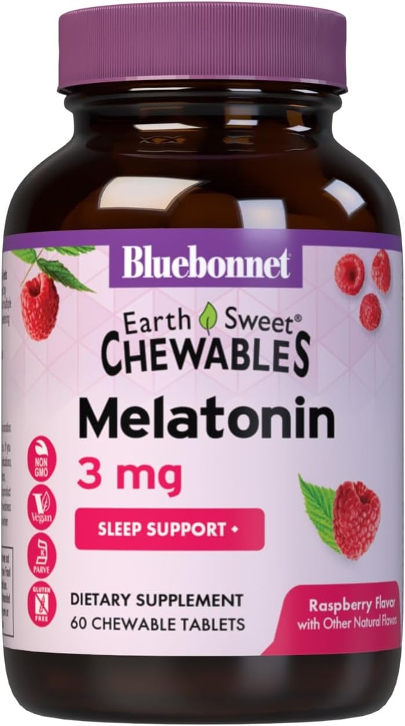 Bluebonnet Nutrition EarthSweet Melatonin 3 mg Fast-Acting Quick Dissolve Nighttime Relaxation & Restful Sleep Support - Sleep Aid - Gluten-Free, Vegan - Raspberry Flavor - 60 Chewable Tablets