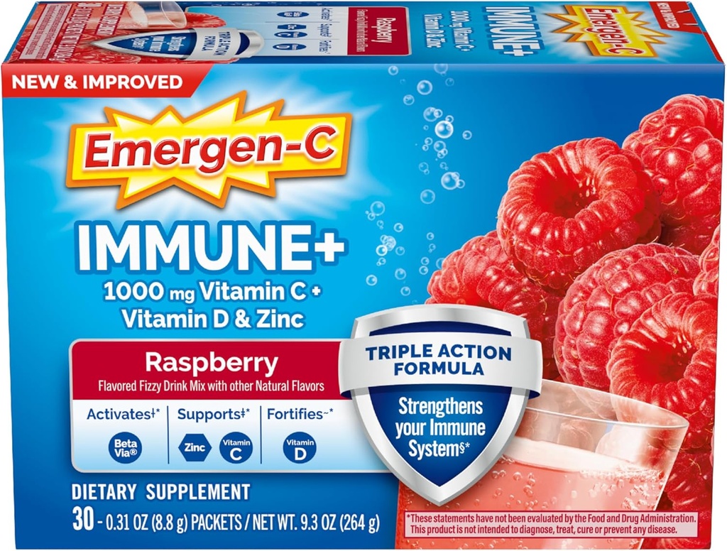 Emergen-C Immune+ Triple Action Immune Support Toz, BetaVia (R), 1000 mg C, B Vitaminleri, Vitamin D ve Antioksis, Raspberry, Back to School Essentials - 30 Count