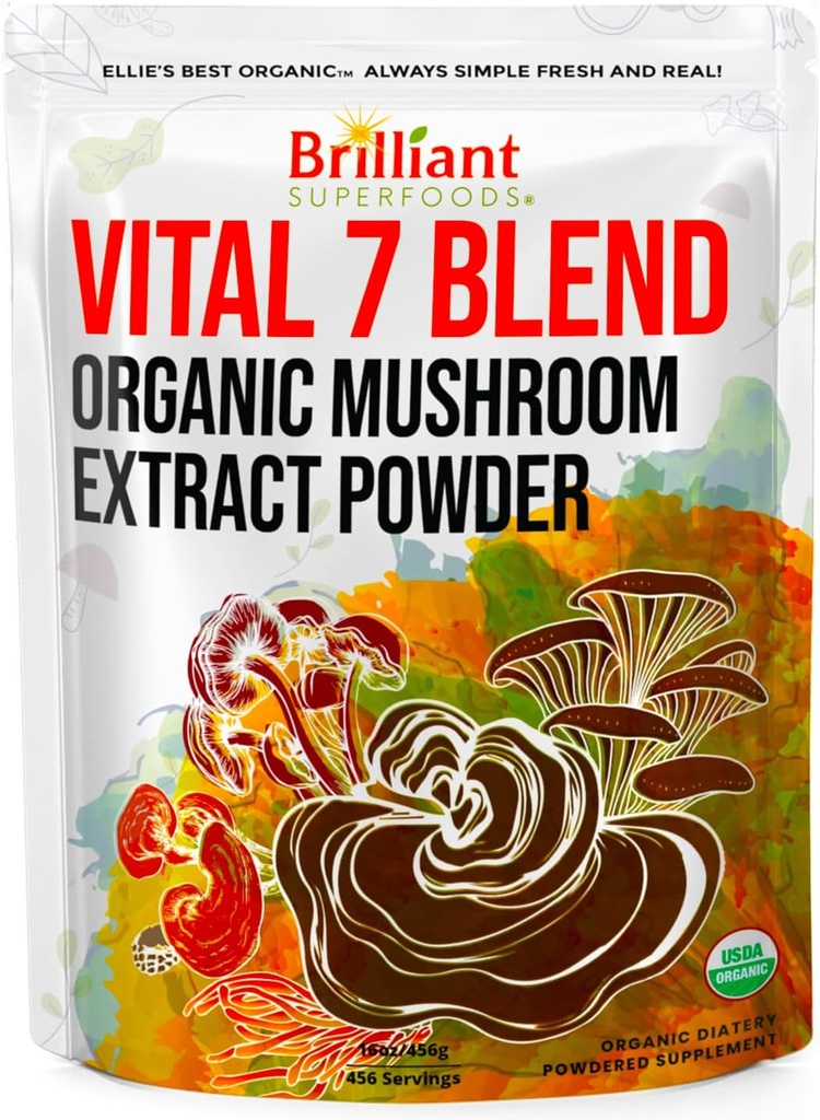 Ellie'nin En İyi 7 Mushroom Toz Ekstraksiyonu - Organik Reishi, Lion's Mane, Chaga, Türkiye Tail, Cordyceps, Maitake & Shiitake - Double Extracted - 16oz / 456 Hizmetler...