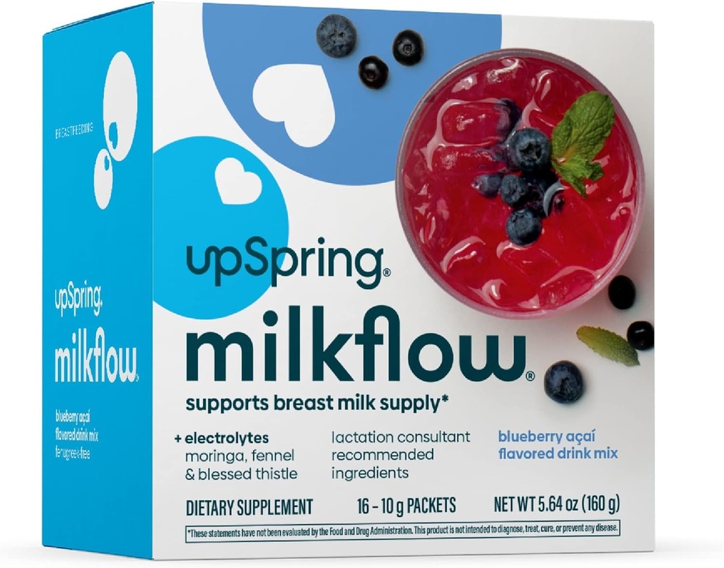 UpSpring Milkflow Electrolyte Θηλασμός συμπλήρωμα ποτό Mix Fenugreek-Δωρεάν, Moringa & Blueberry Acai Γεύση, συμπλήρωμα γαλακτοπαραγωγής για την υποστήριξη της προσφοράς μητρικού γάλακτος και την αποκατάσταση ηλεκτρολυτών, 16 Mixes