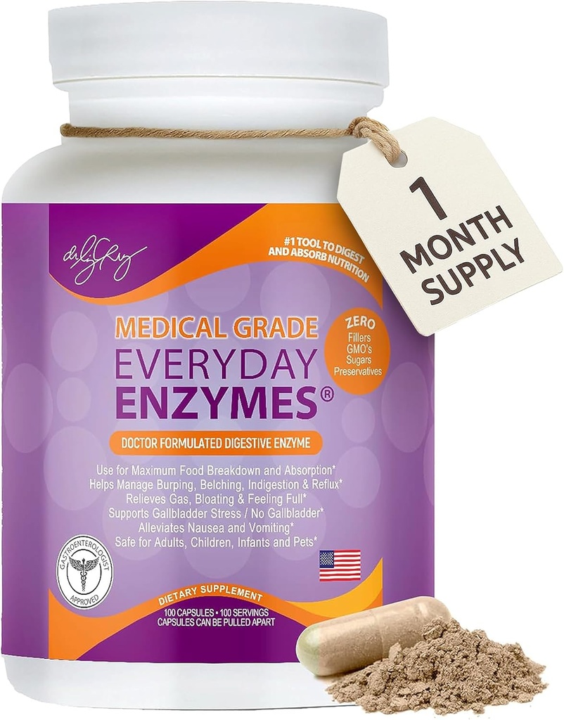 Dr. Liz Cruz Günde ENZYMES - Digestion Supplement, Diyeter Supplements, Medical-Grade Super Enzymes, Bloating, Gas and Reflux Relief for Women, Men, & Children Non-GMO, 100 Veggie Capsules