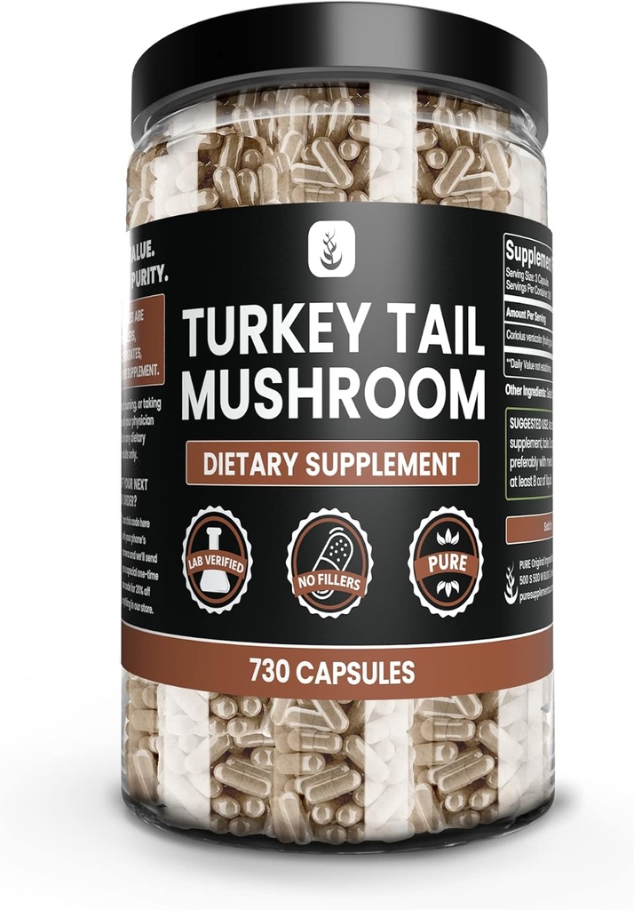 PURE ORIGINAL INGREDIENTS Türkiye Tail Mushroom (730 Capsules) Magnezyum Or Rice Fillers, Her Zaman Saf, Lab Onaylandı