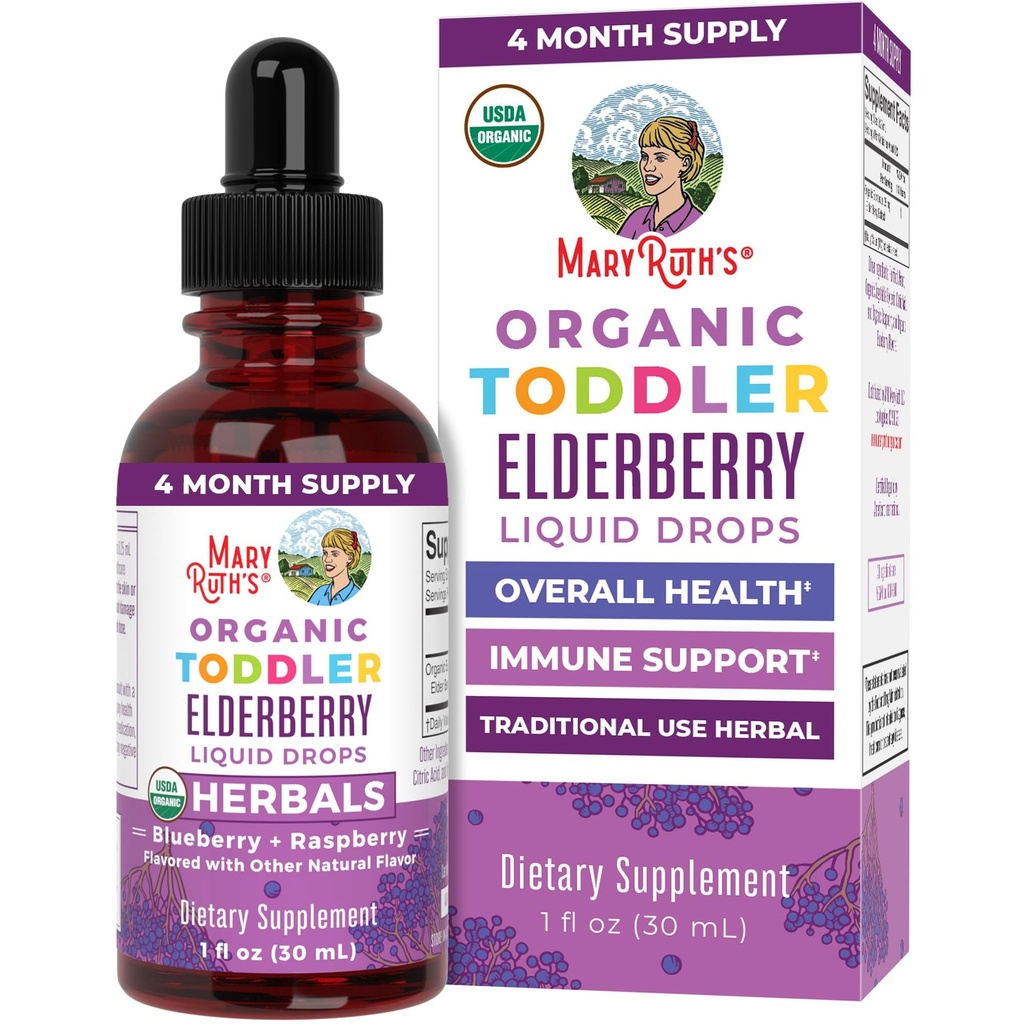 MaryRuth Organics Toddler Elderberry Syrup, USDA Organic Elderberry, Sugar Free Kids Immune Support Supplement for Ηλικίες 1-3 Χρόνια, Clean Label Project Επαληθευμένο®, Vegan, Non-GMO, Gluten Free, 1 Fl Oz