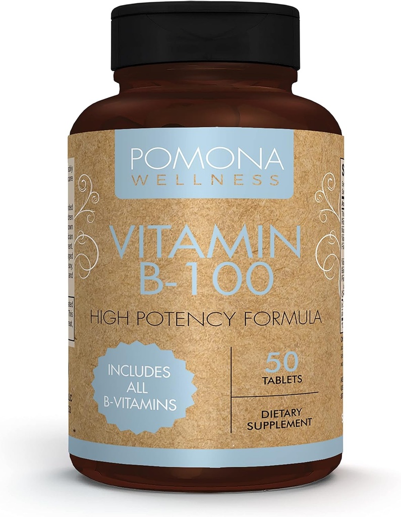 Pomona Wellness Vitamin B Kompleksi Folic Acid, High Potency Multivitamin, All 10 B Vitamins Including B12, Supports Energy Levels, Heart Health, Non-GMO, 50 Tablets