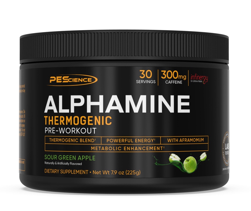 PEScience Alphamine Θερμογόνος προ προπόνηση, Fat Burner Pre Workout Energy Powder με L-καρνιτίνη, Sour Green Apple, 60 Scoops