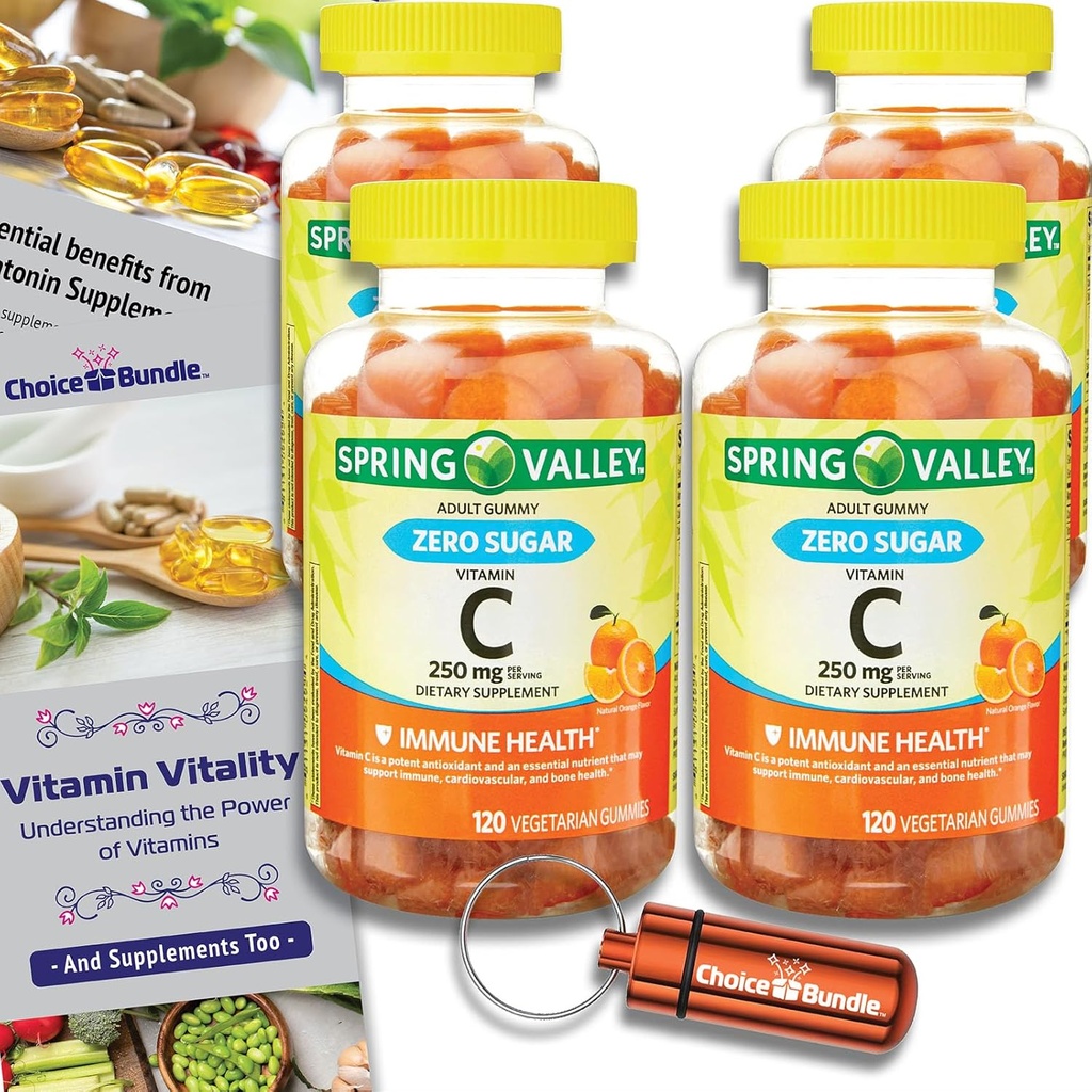 Choice Bundle Spring Valley Zero Sugar Vitamin C Gummies Συμπλήρωμα διατροφής 250 mg 120 Ct 4 pk (480 Total) + Vitamin Guide & Pill Container (6 Προϊόντα)!
