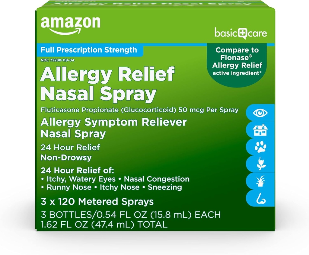 Temel Bakım 24 Saat Antivirüs Relief Nasal Spray, Fluticasone Seiko (Glucocorticoid), 50 mcg, Full Prescription Strength, Non-Drowsy, 1.62 fl oz 0,54 fl oz (Paket 3 )