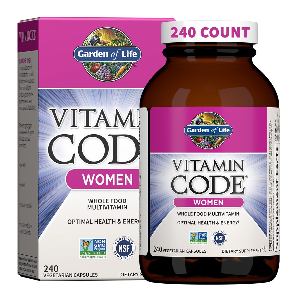 Κήπος της ζωής Πολυβιταμίνη για τις γυναίκες, Κωδικός Βιταμίνης Γυναικεία Multi - Ολόκληρα τρόφιμα Γυναίκες Πολλαπλές Βιταμίνες, Σιδήρος, Φολικό οξύ, Βιταμίνη Α και Προβιοτικά για τις γυναίκες Ενέργεια, 240 κάψουλες χορτοφάγων