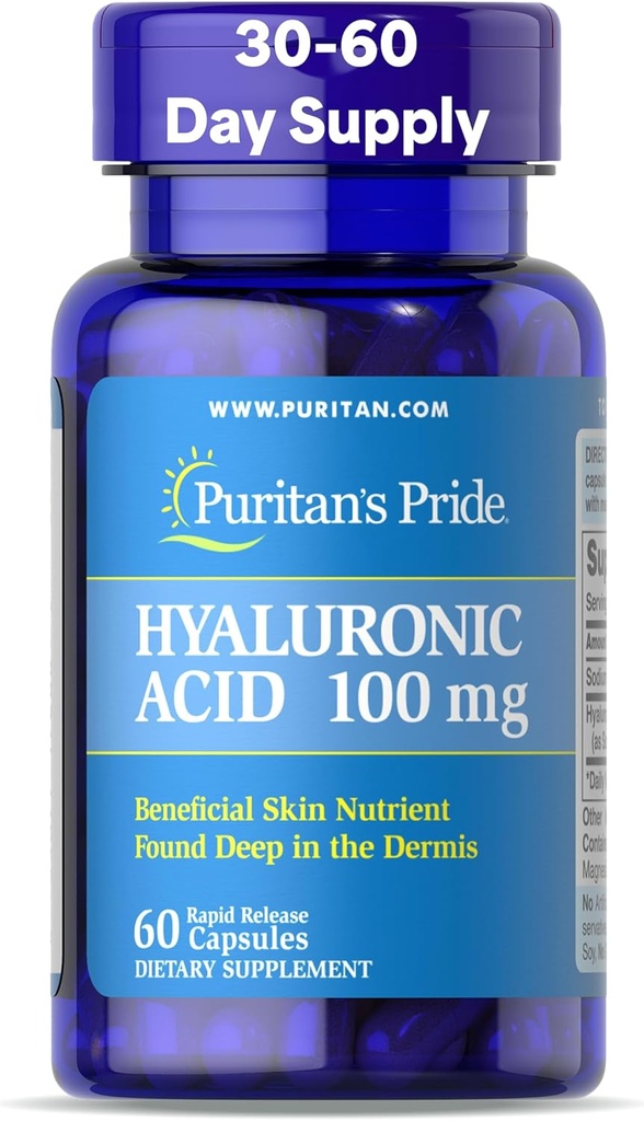 Puritans Pride Hyaluronic Acid 100mg, Skin Hydration için Diyetsel Tamam, 60 Hızlı Yayın Kapsülleri