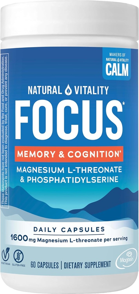 Doğal Vitality Focus, Magnezyum L-Threonate ve Phosphatidylserine Nootropic Brain Supplements for Memory, Focus, and Cognition, Gluten Free, Vegetarian, 60 Capsules