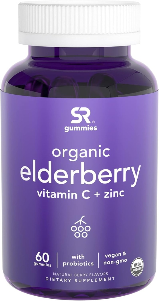 Elderberry Gummies Yoğunluğu (65:1) Immune Support & Gut Health | USDA Organik, Vegan sertifikalı ve GMO onaylı (60 Vegan Gummies)
