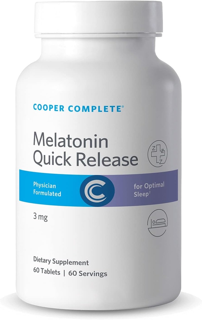 Cooper Tamam - Hızlı Yayın Melatonin - 3 mg Hızlı Dekan Tablet, Uyku Desteği Tamam - Şişe başına 60 Tablet. Pack of 2