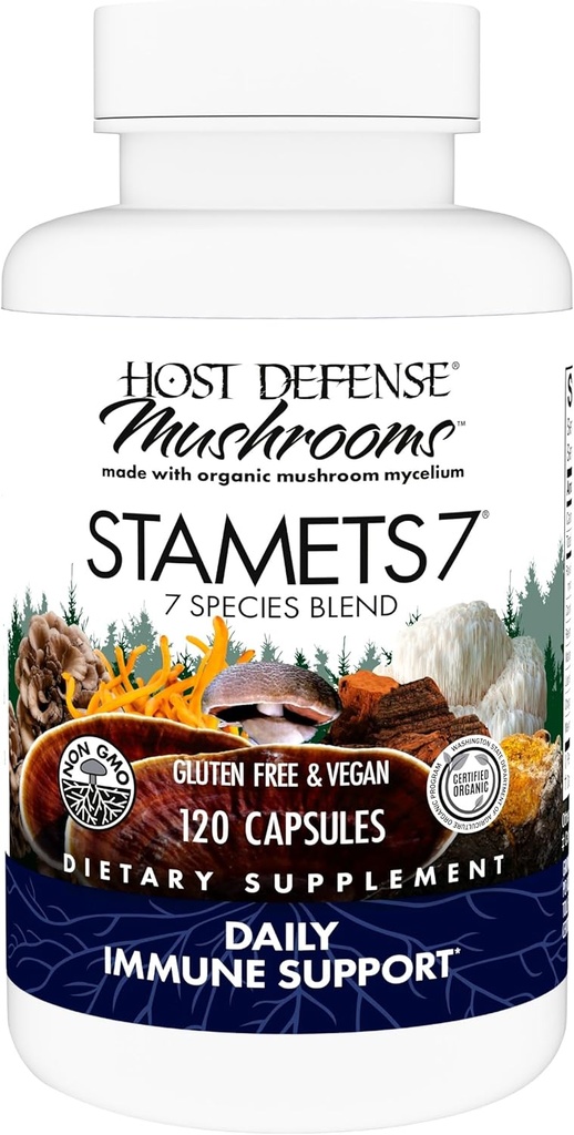 Host Defense Stamets 7-7 Tür Mix - Mushroom Supplement for Immune Support - Royal Sun Blazei, Cordyceps, Reishi, Maitake, Lion's Mane, Chaga & Mesima - 120 Capsules (60 Hizmetler)