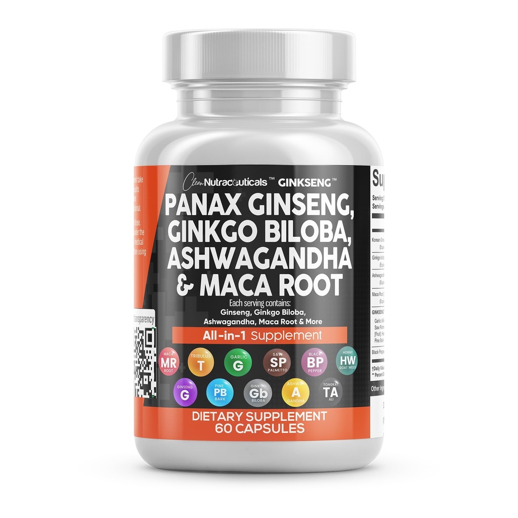 Temiz Nutraceuticals Panax Ginseng Ginkgo Biloba Ashwagandha Maca Root - Pine Bark Extract, Garlic ve Saw Palmetto - 60 Caps
