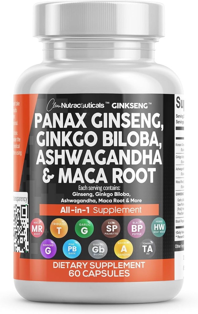 Temiz Nutraceuticals Panax Ginseng Ginkgo Biloba Ashwagandha Maca Root - Pine Bark Extract, Garlic ve Saw Palmetto - 60 Caps