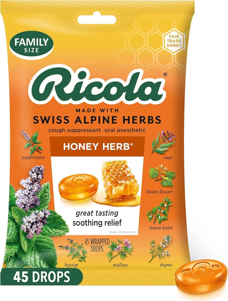 Ricola Honey Herb Cough Drops, 45 Kont, Fair Trade Honey & Natural Menthol Cough Suppressant & Throat Relieving Drops, Great Tasting Relief for Coughs & Throat Irritation Belirtileri